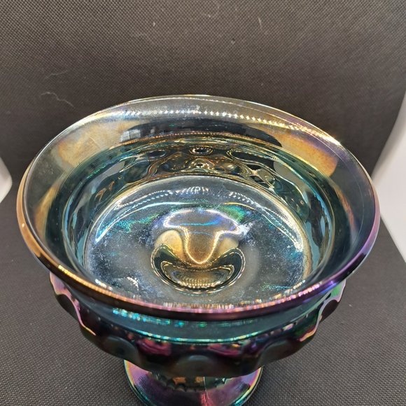 Vintage Carnival Glass Kings Crown Thumbprint Blue Iridescent Indiana Compote - Picture 5 of 11